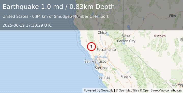 Earthquake 1 km NNW of The Geysers, CA (1.0 md) (2025-06-19 17:30:29 UTC)