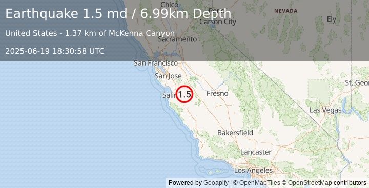 Earthquake 14 km SE of Tres Pinos, CA (1.5 md) (2025-06-19 18:30:58 UTC)