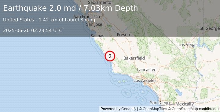 Earthquake 7 km WNW of Atascadero, CA (2.0 md) (2025-06-20 02:23:54 UTC)