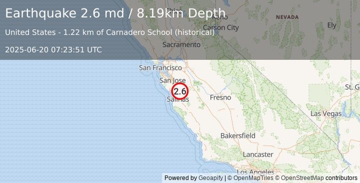 Earthquake 7 km S of Gilroy, CA (2.6 md) (2025-06-20 07:23:51 UTC)