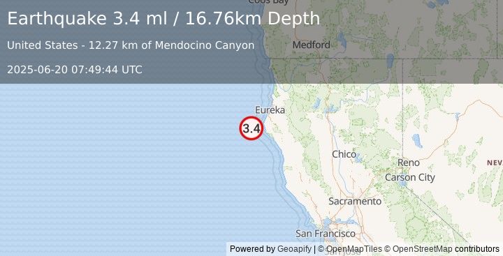 Earthquake 40 km WNW of Petrolia, CA (3.4 ml) (2025-06-20 07:49:44 UTC)