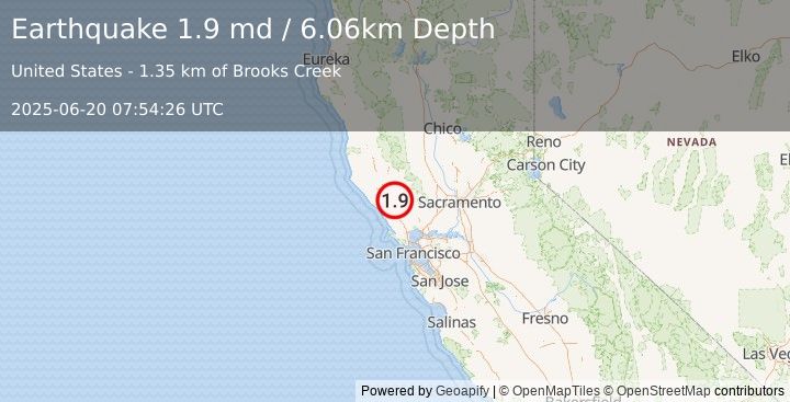 Earthquake 6 km NE of Windsor, CA (1.9 md) (2025-06-20 07:54:26 UTC)