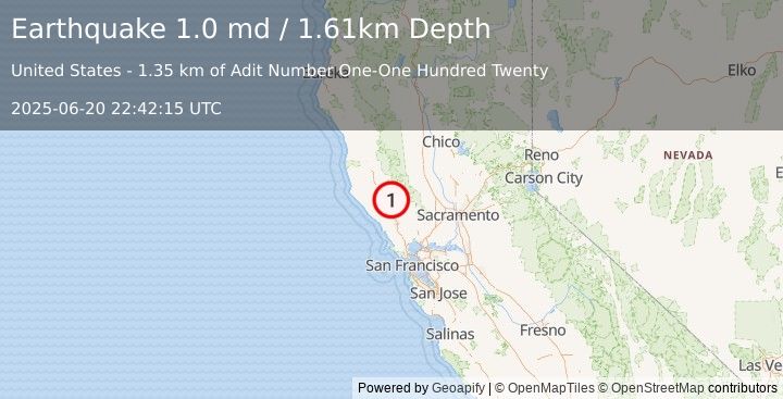 Earthquake 9 km NW of The Geysers, CA (1.0 md) (2025-06-20 22:42:15 UTC)