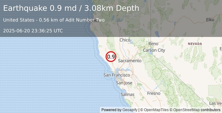Earthquake 7 km NW of The Geysers, CA (0.9 md) (2025-06-20 23:36:25 UTC)