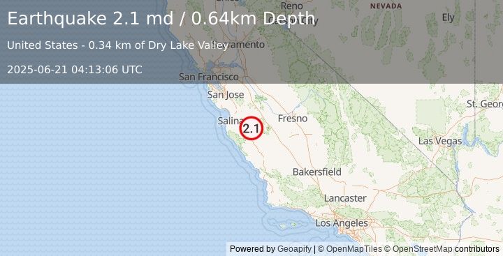 Earthquake 8 km SE of Pinnacles, CA (2.1 md) (2025-06-21 04:13:06 UTC)