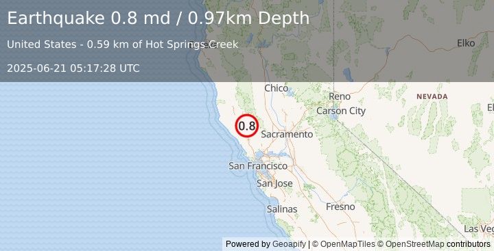 Earthquake 2 km NW of The Geysers, CA (0.8 md) (2025-06-21 05:17:28 UTC)