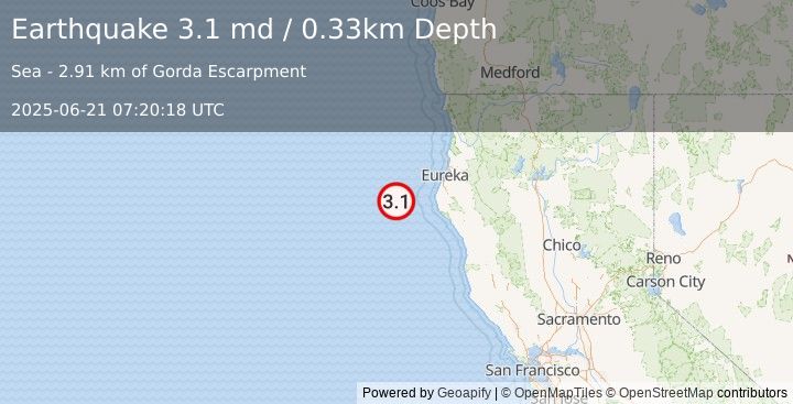 Earthquake 72 km WNW of Petrolia, CA (3.1 md) (2025-06-21 07:20:18 UTC)