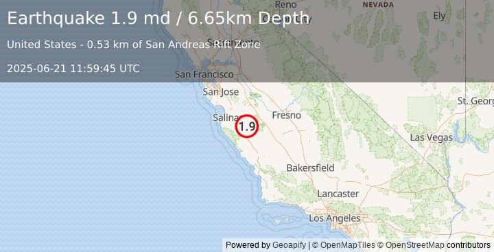 Earthquake 12 km SSE of Pinnacles, CA (1.9 md) (2025-06-21 11:59:45 UTC)