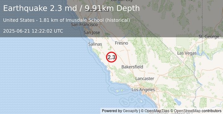 Earthquake 7 km NW of Parkfield, CA (2.3 md) (2025-06-21 12:22:02 UTC)