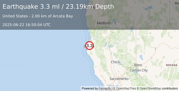 Earthquake 4 km SW of Arcata, CA (3.3 ml) (2025-06-22 16:50:04 UTC)