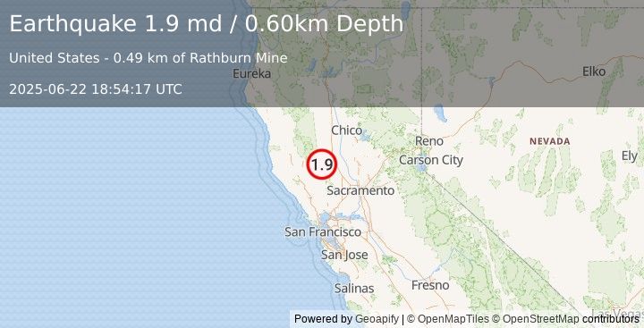 Earthquake 21 km E of Clearlake Oaks, CA (1.9 md) (2025-06-22 18:54:17 UTC)