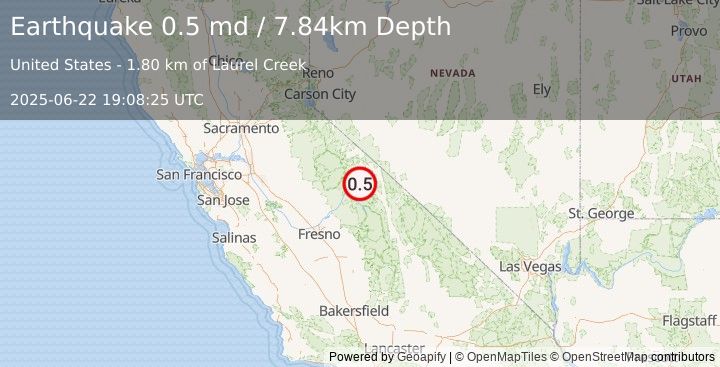Earthquake 8 km ESE of Mammoth Lakes, CA (0.5 md) (2025-06-22 19:08:25 UTC)
