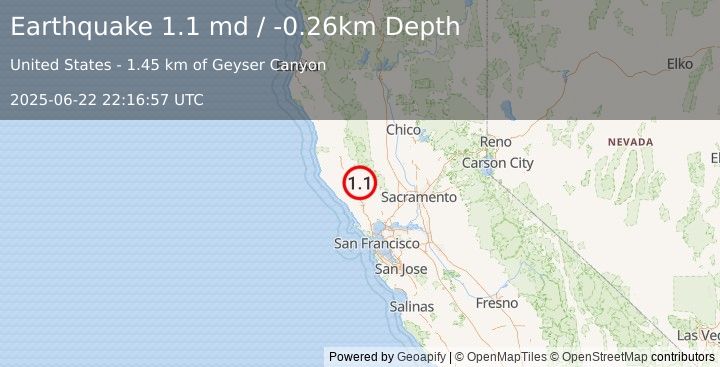 Earthquake 4 km NNW of The Geysers, CA (1.1 md) (2025-06-22 22:16:57 UTC)