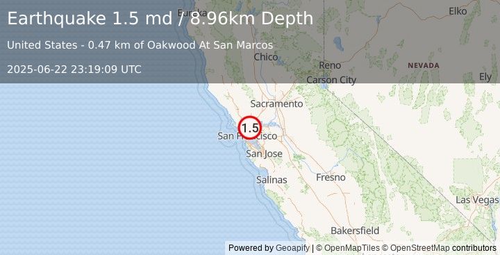 Earthquake 2 km NNW of Rollingwood, CA (1.5 md) (2025-06-22 23:19:09 UTC)