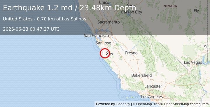 Earthquake 3 km ENE of Marina, CA (1.2 md) (2025-06-23 00:47:27 UTC)