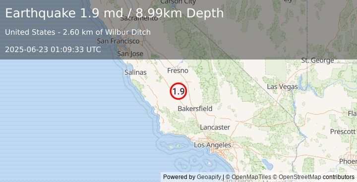 Earthquake 19 km ESE of Kettleman City, CA (1.9 md) (2025-06-23 01:09:33 UTC)