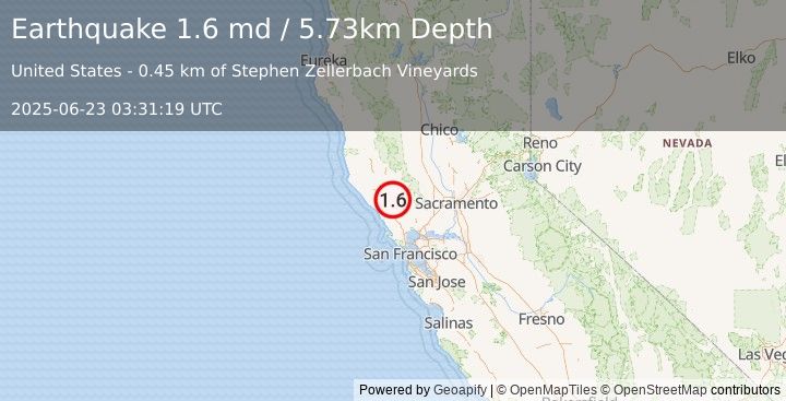 Earthquake 8 km E of Healdsburg, CA (1.6 md) (2025-06-23 03:31:19 UTC)