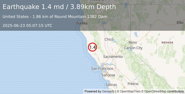 Earthquake 7 km SW of Redwood Valley, CA (1.4 md) (2025-06-23 05:07:15 UTC)