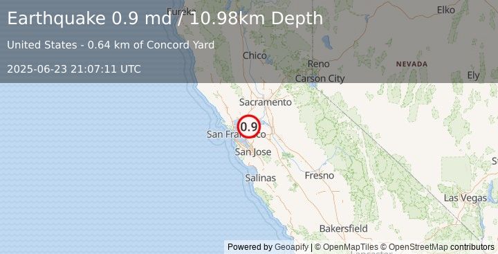 Earthquake 2 km SSW of Concord, CA (0.9 md) (2025-06-23 21:07:11 UTC)