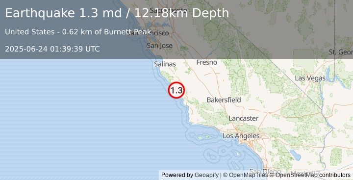Earthquake 10 km NE of San Simeon, CA (1.3 md) (2025-06-24 01:39:39 UTC)