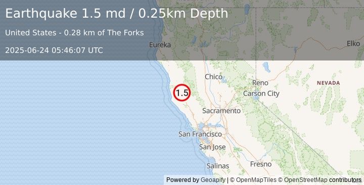 Earthquake 5 km N of Ukiah, CA (1.5 md) (2025-06-24 05:46:07 UTC)