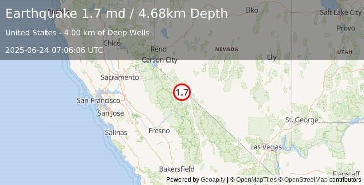 Earthquake 27 km SE of Bodie, CA (1.7 md) (2025-06-24 07:06:06 UTC)