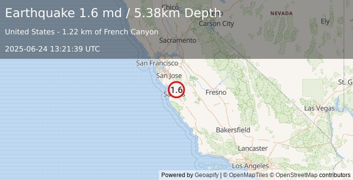 Earthquake 4 km SSW of San Juan Bautista, CA (1.6 md) (2025-06-24 13:21:39 UTC)