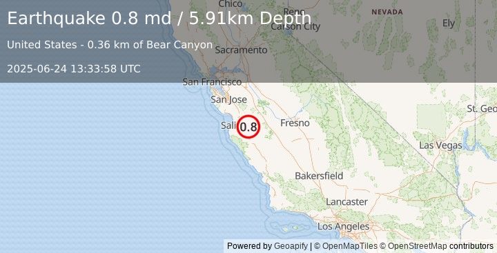 Earthquake 16 km NNW of Pinnacles, CA (0.8 md) (2025-06-24 13:33:58 UTC)