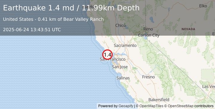 Earthquake 3 km S of Point Reyes Station, CA (1.4 md) (2025-06-24 13:43:51 UTC)
