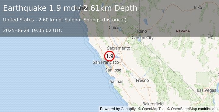 Earthquake 7 km E of Vallejo, CA (1.9 md) (2025-06-24 19:05:02 UTC)