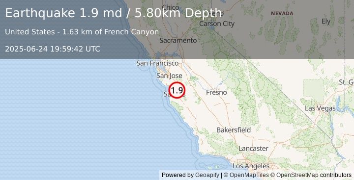 Earthquake 4 km SSW of San Juan Bautista, CA (1.9 md) (2025-06-24 19:59:42 UTC)