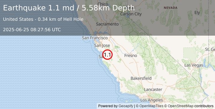 Earthquake 7 km SSE of San Juan Bautista, CA (1.1 md) (2025-06-25 08:27:56 UTC)