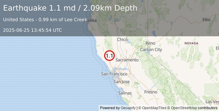 Earthquake 4 km WNW of Cobb, CA (1.1 md) (2025-06-25 13:45:54 UTC)