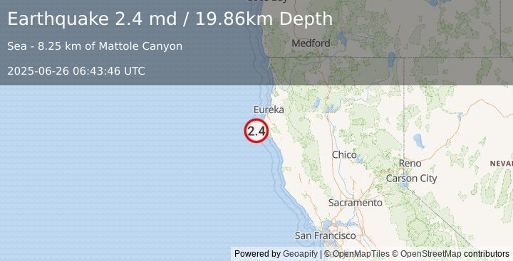 Earthquake 22 km W of Petrolia, CA (2.4 md) (2025-06-26 06:43:46 UTC)