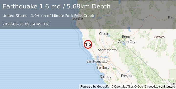 Earthquake 13 km ESE of Boonville, CA (1.6 md) (2025-06-26 09:14:49 UTC)