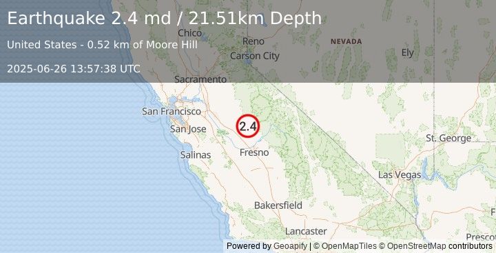 Earthquake 11 km SSW of Mariposa, CA (2.4 md) (2025-06-26 13:57:38 UTC)