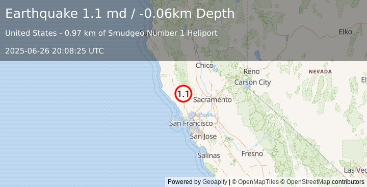 Earthquake 1 km E of The Geysers, CA (1.1 md) (2025-06-26 20:08:25 UTC)