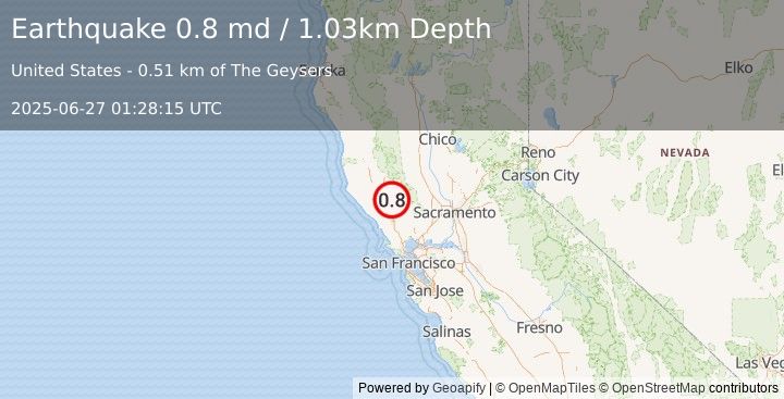 Earthquake 0 km NNW of The Geysers, CA (0.8 md) (2025-06-27 01:28:15 UTC)