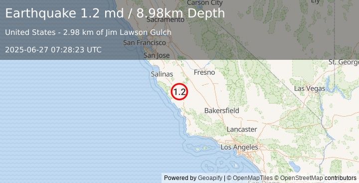 Earthquake 4 km NE of San Ardo, CA (1.2 md) (2025-06-27 07:28:23 UTC)