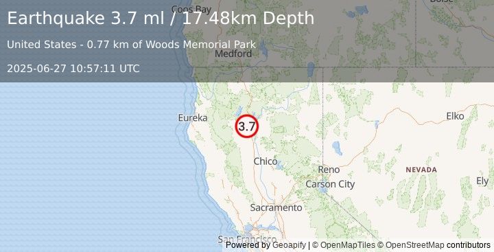 Earthquake 5 km WNW of Redding, CA (3.7 ml) (2025-06-27 10:57:11 UTC)