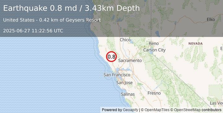 Earthquake 5 km NW of The Geysers, CA (0.8 md) (2025-06-27 11:22:56 UTC)
