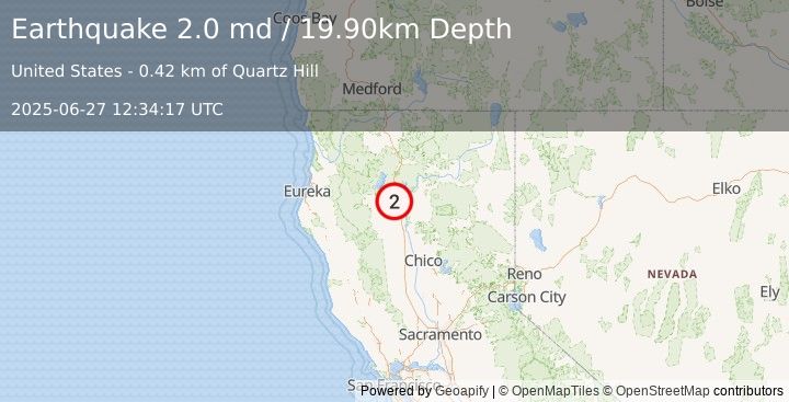 Earthquake 6 km SW of Shasta Lake, CA (2.0 md) (2025-06-27 12:34:17 UTC)