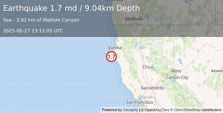 Earthquake 11 km W of Petrolia, CA (1.7 md) (2025-06-27 13:11:05 UTC)