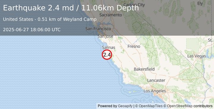 Earthquake 13 km SE of Point Sur, CA (2.4 md) (2025-06-27 18:06:00 UTC)