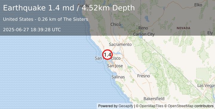 Earthquake 8 km ESE of Santa Venetia, CA (1.4 md) (2025-06-27 18:39:28 UTC)