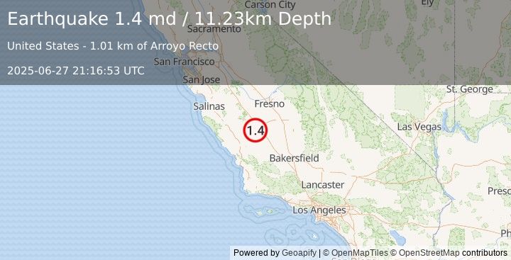 Earthquake 11 km NNW of Avenal, CA (1.4 md) (2025-06-27 21:16:53 UTC)
