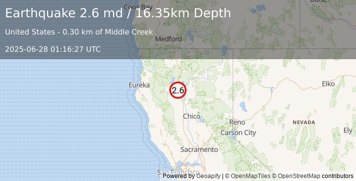 Earthquake 4 km ESE of Shasta, CA (2.6 md) (2025-06-28 01:16:27 UTC)
