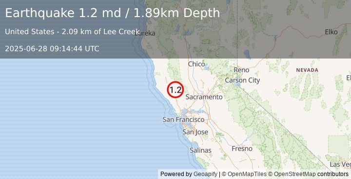 Earthquake 5 km WNW of Cobb, CA (1.2 md) (2025-06-28 09:14:44 UTC)