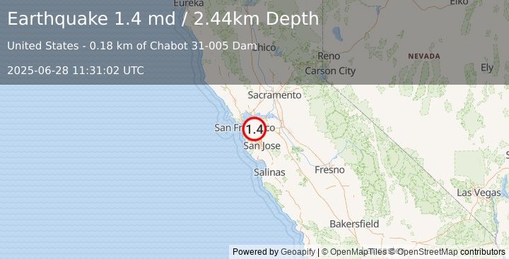 Earthquake 3 km E of San Leandro, CA (1.4 md) (2025-06-28 11:31:02 UTC)