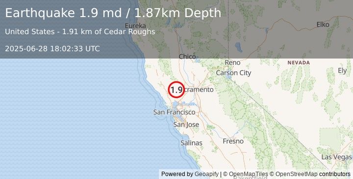 Earthquake 11 km ESE of Angwin, CA (1.9 md) (2025-06-28 18:02:33 UTC)